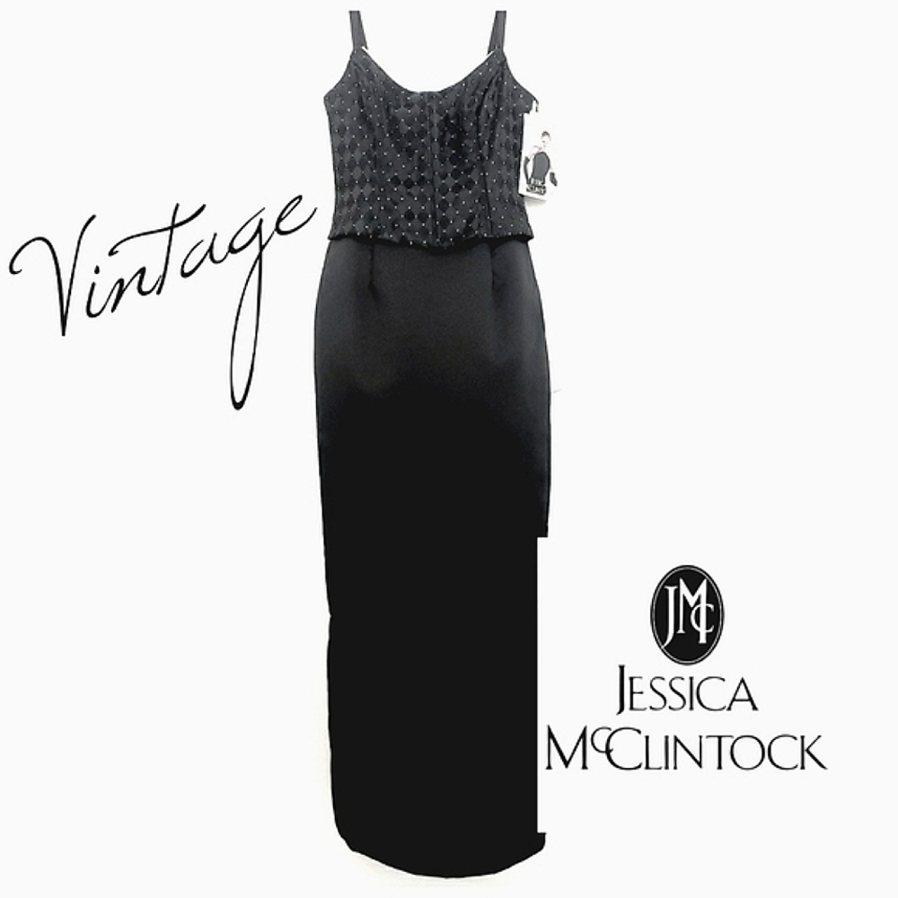 Nwt Vintage Jessica McClintock Black Matte Satin Gown  Rhinestone Trim B…